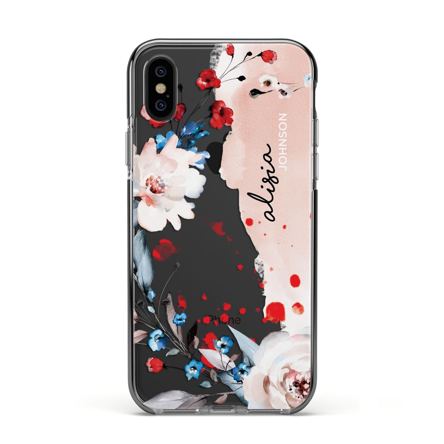 Custom Name Floral Bouquet Apple iPhone Xs Impact Case Black Edge on Black Phone