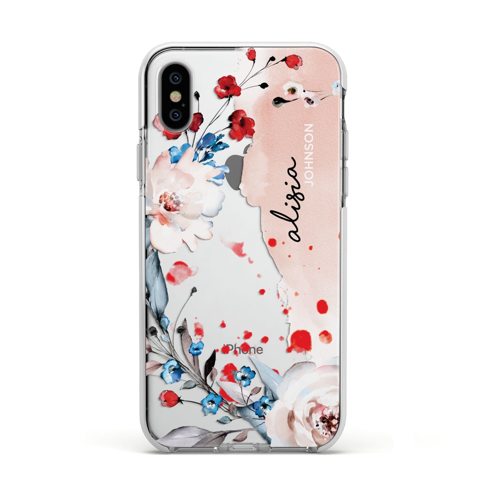 Custom Name Floral Bouquet Apple iPhone Xs Impact Case White Edge on Silver Phone