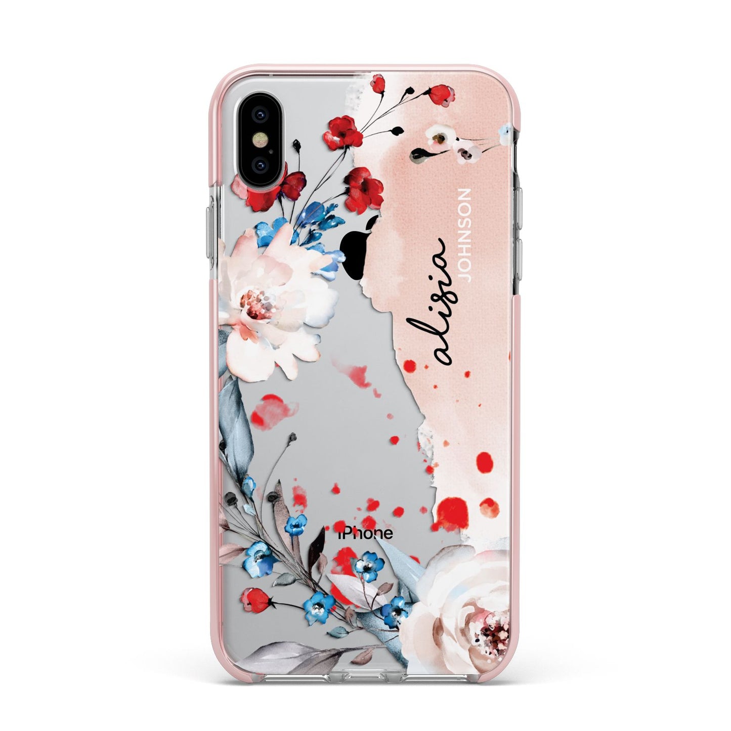 Custom Name Floral Bouquet Apple iPhone Xs Max Impact Case Pink Edge on Silver Phone