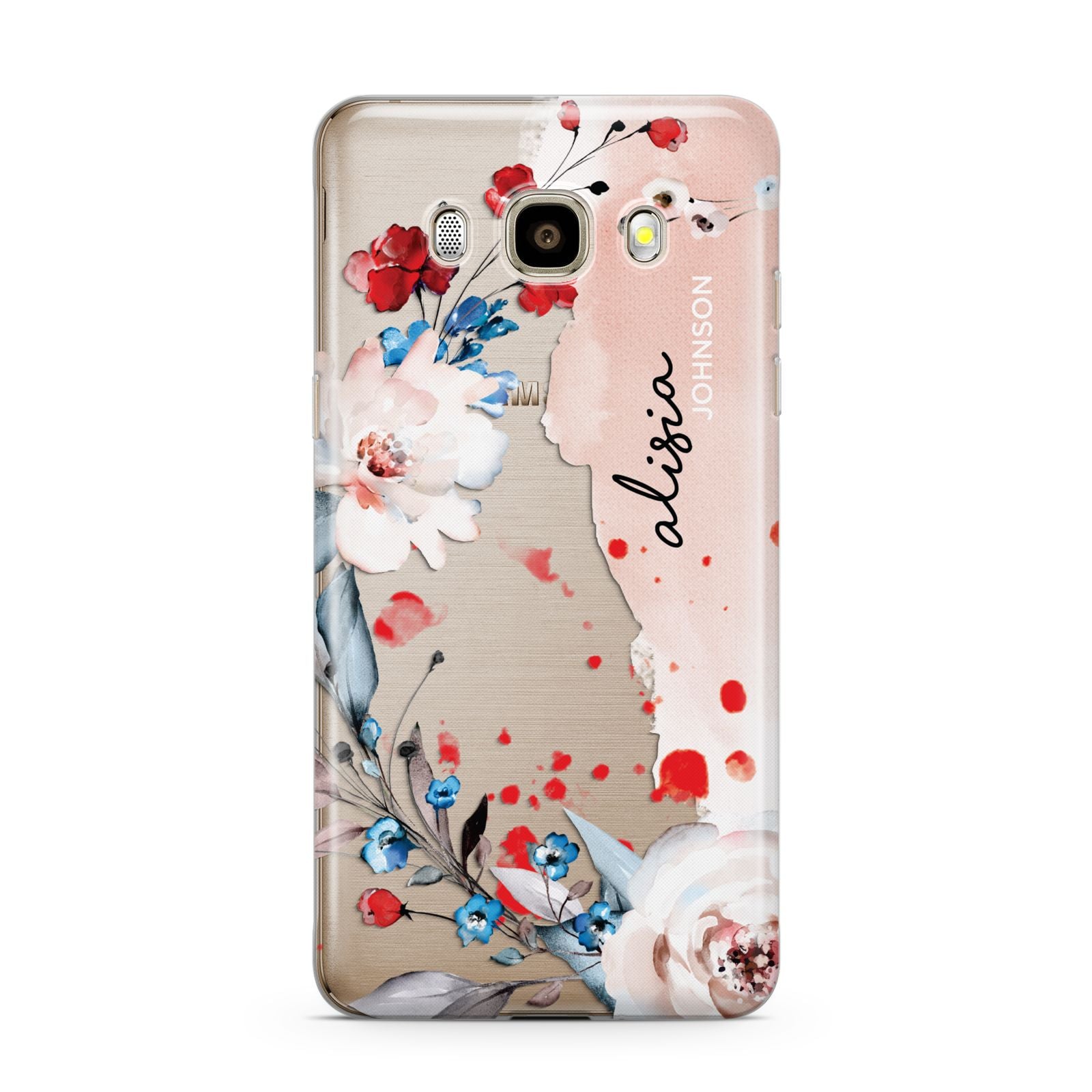 Custom Name Floral Bouquet Samsung Galaxy J7 2016 Case on gold phone