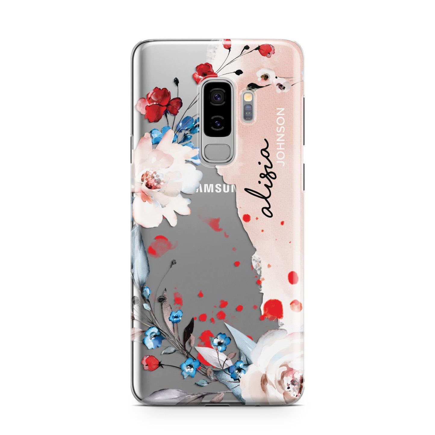 Custom Name Floral Bouquet Samsung Galaxy S9 Plus Case on Silver phone