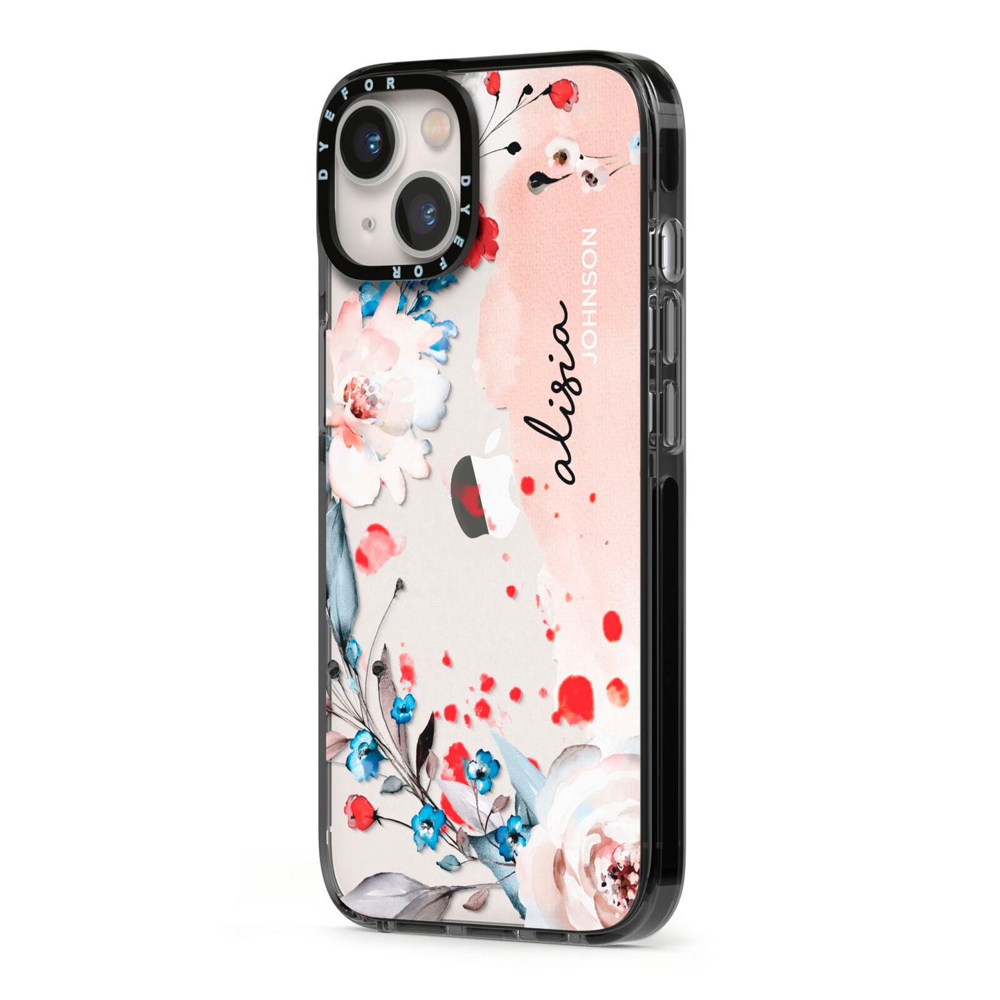 Custom Name Floral Bouquet iPhone 13 Black Impact Case Side Angle on Silver phone