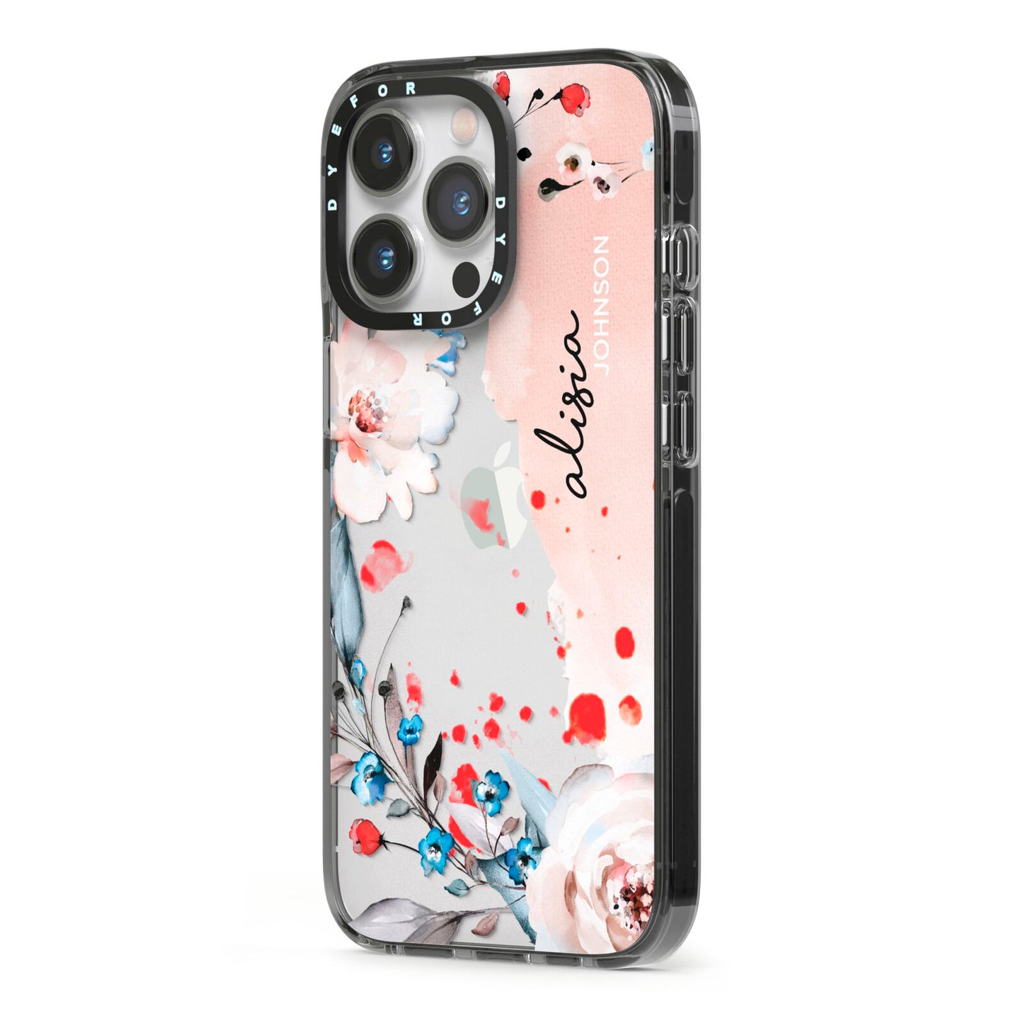 Custom Name Floral Bouquet iPhone 13 Pro Black Impact Case Side Angle on Silver phone