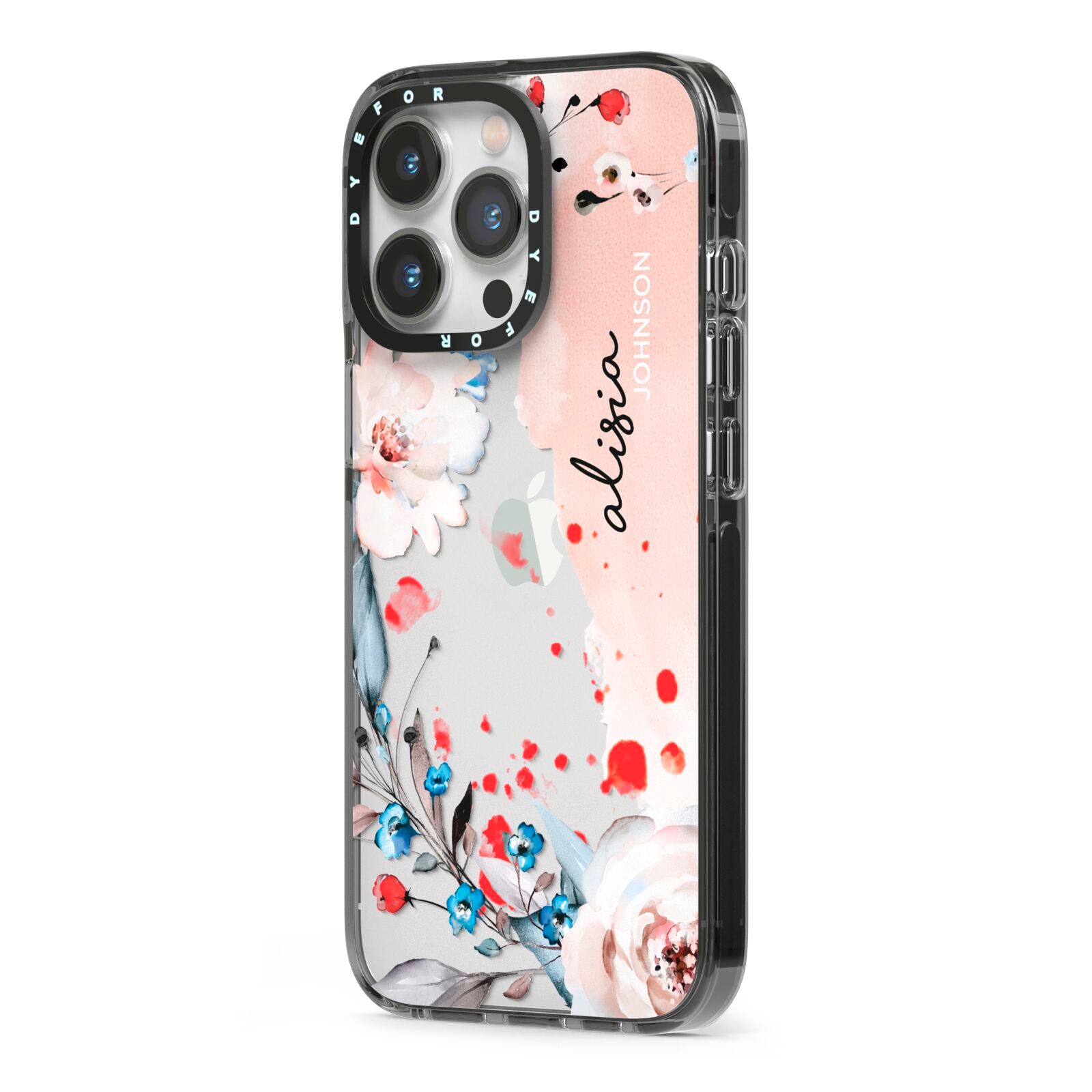 Custom Name Floral Bouquet iPhone 13 Pro Black Impact Case Side Angle on Silver phone