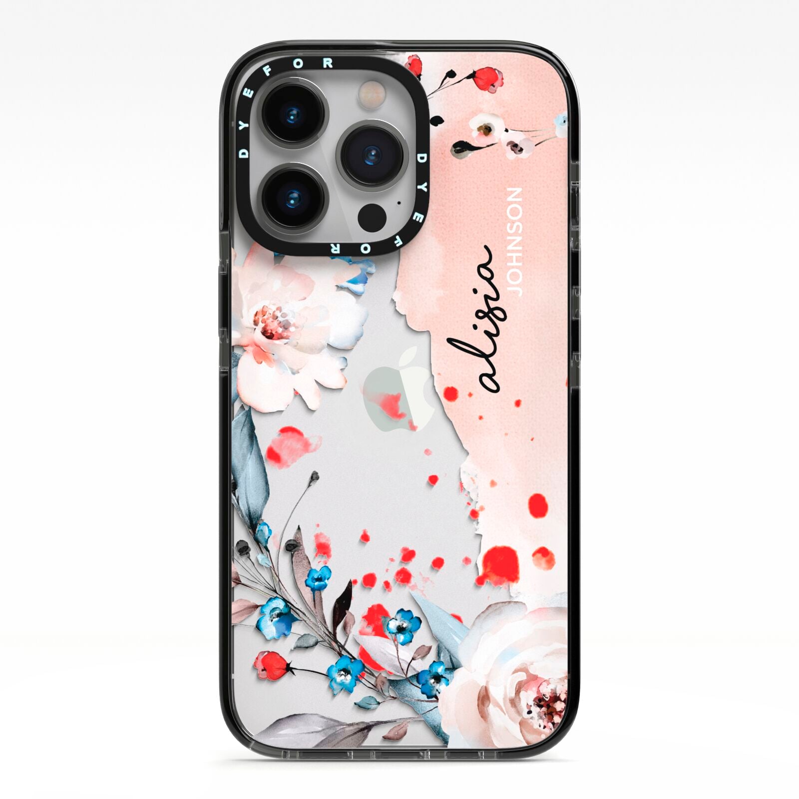 Custom Name Floral Bouquet iPhone 13 Pro Black Impact Case on Silver phone