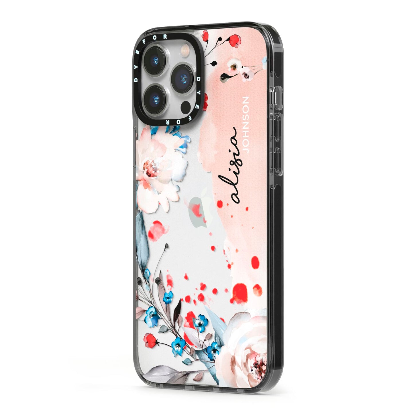 Custom Name Floral Bouquet iPhone 13 Pro Max Black Impact Case Side Angle on Silver phone