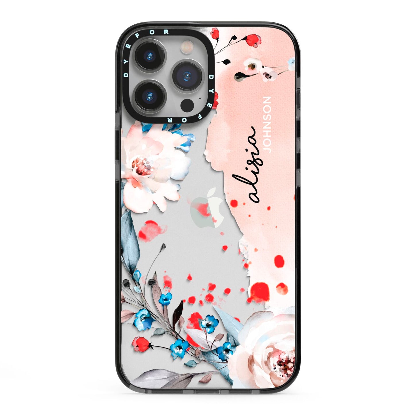 Custom Name Floral Bouquet iPhone 13 Pro Max Black Impact Case on Silver phone
