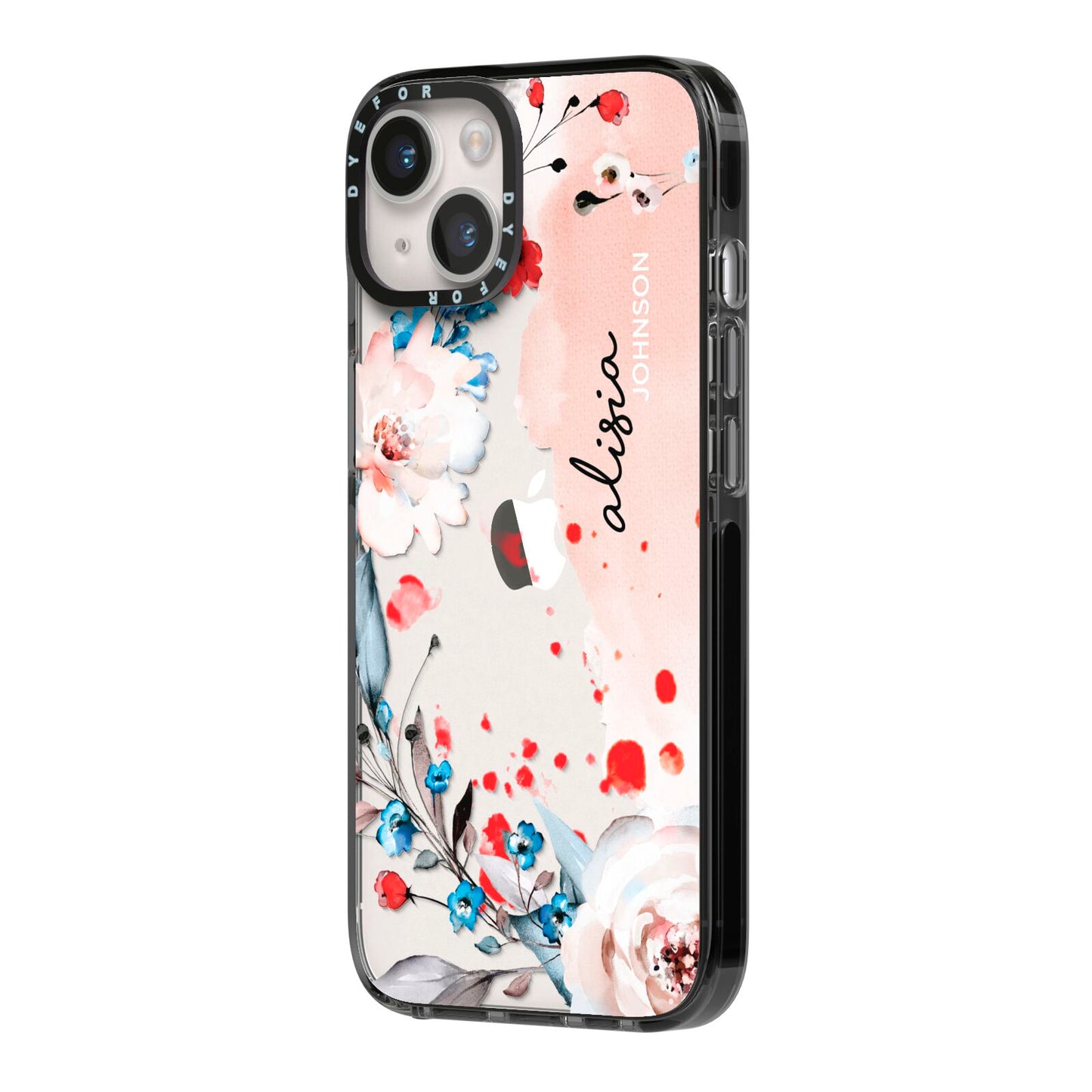 Custom Name Floral Bouquet iPhone 14 Black Impact Case Side Angle on Silver phone