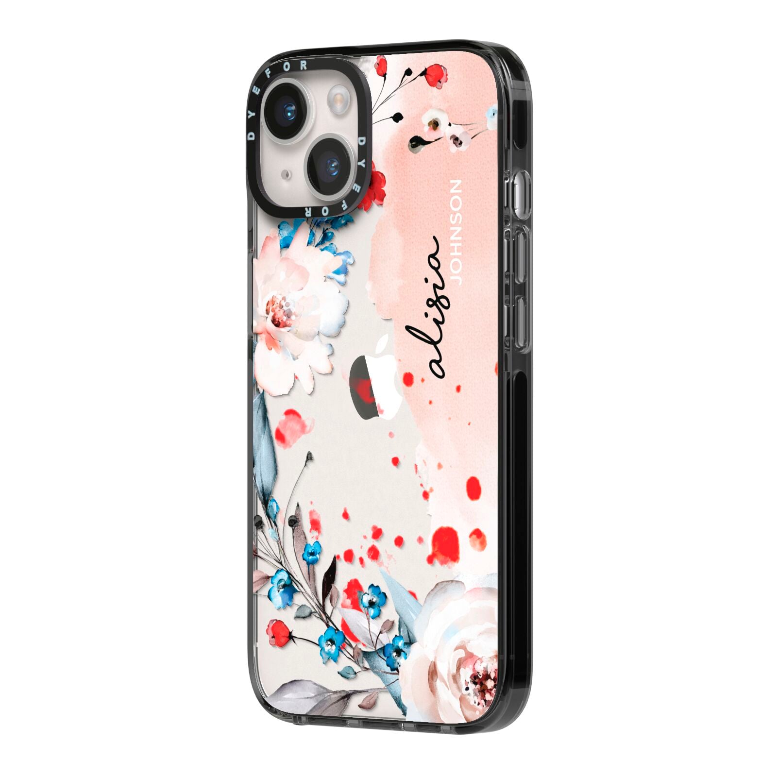 Custom Name Floral Bouquet iPhone 14 Black Impact Case Side Angle on Silver phone