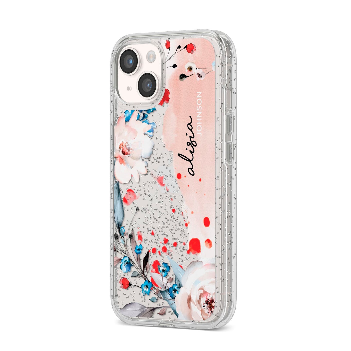 Custom Name Floral Bouquet iPhone 14 Glitter Tough Case Starlight Angled Image
