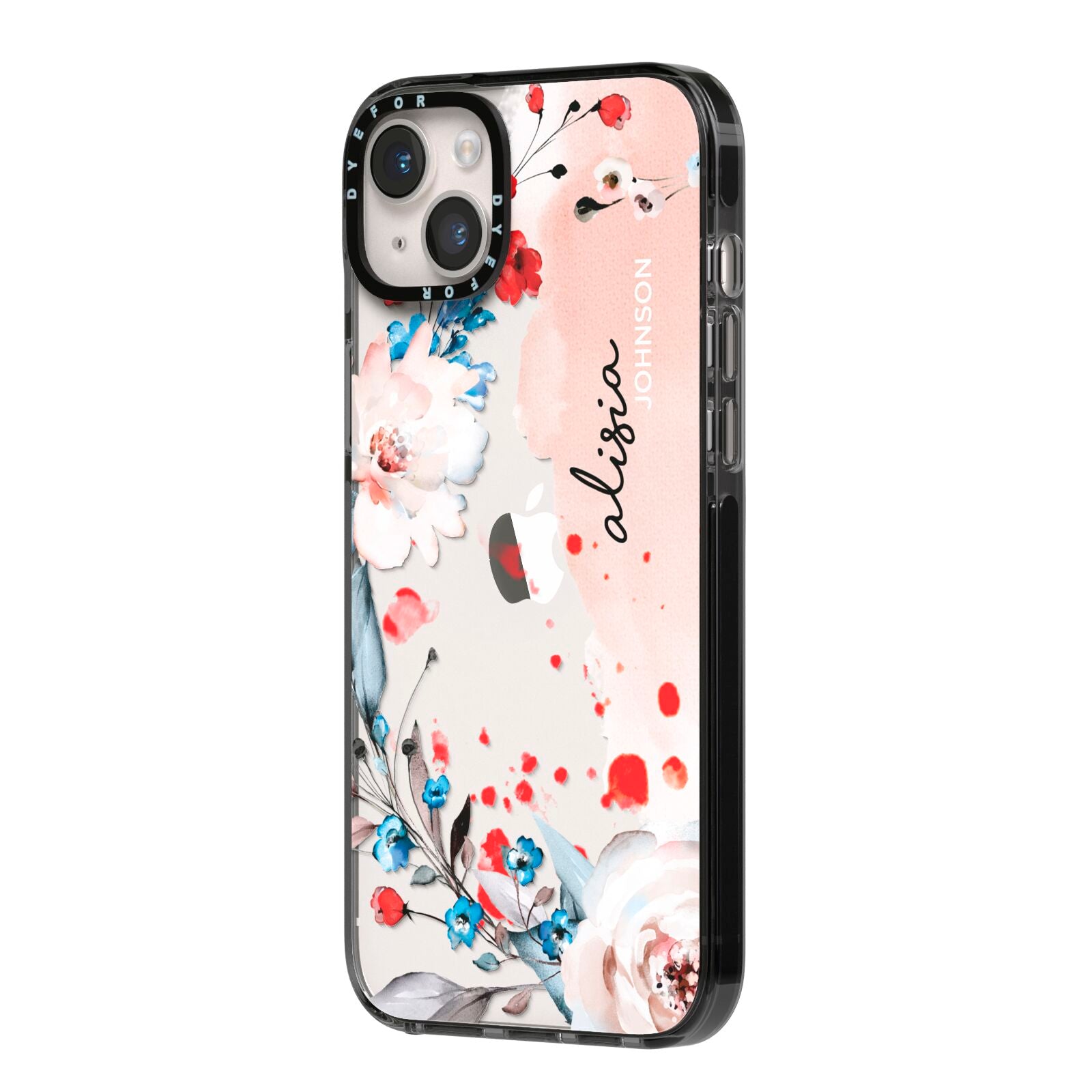 Custom Name Floral Bouquet iPhone 14 Plus Black Impact Case Side Angle on Silver phone