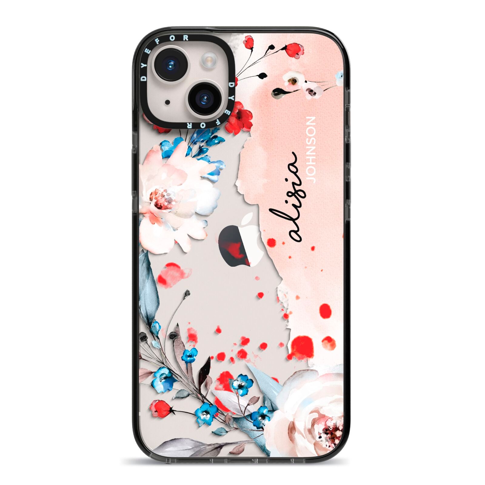 Custom Name Floral Bouquet iPhone 14 Plus Black Impact Case on Silver phone