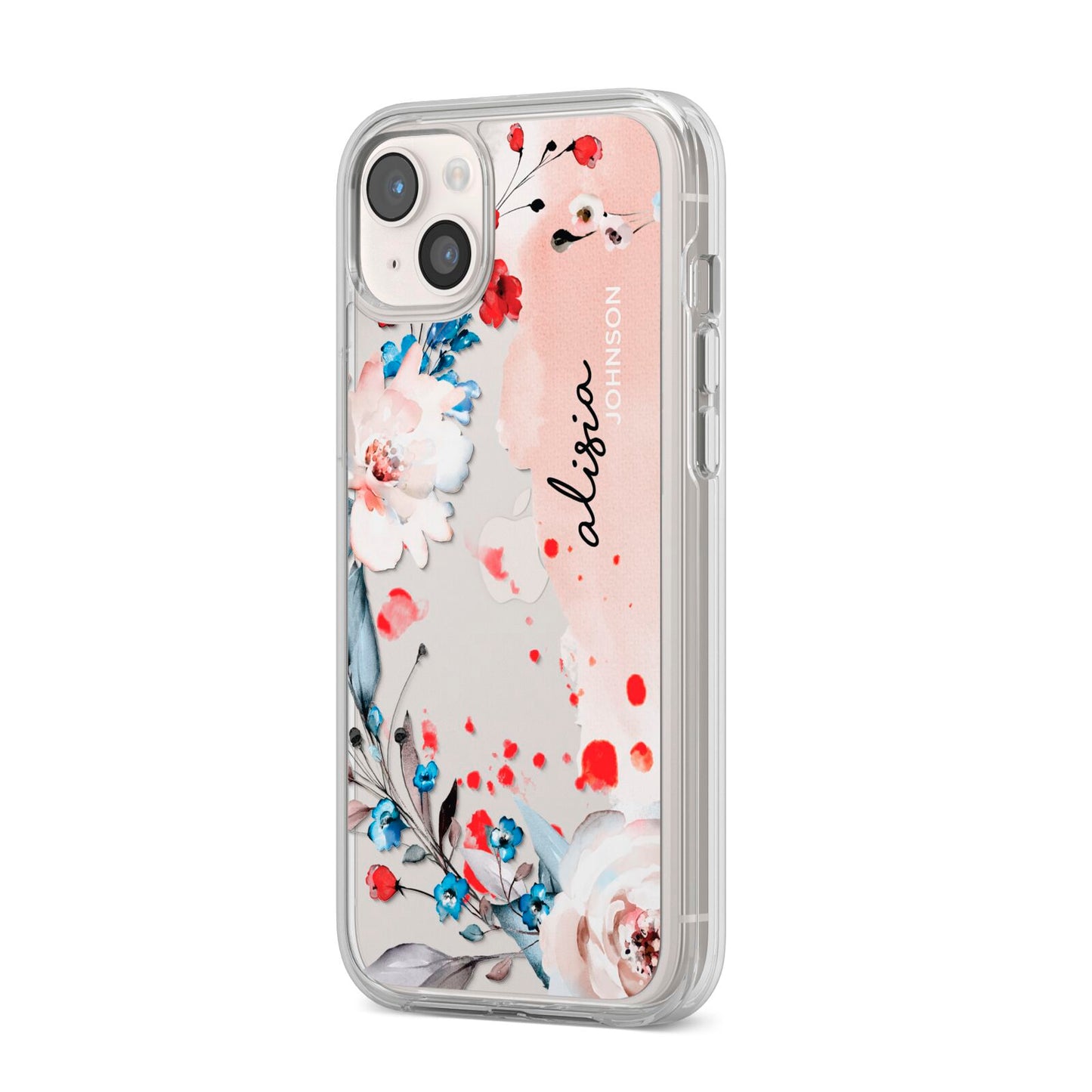 Custom Name Floral Bouquet iPhone 14 Plus Clear Tough Case Starlight Angled Image