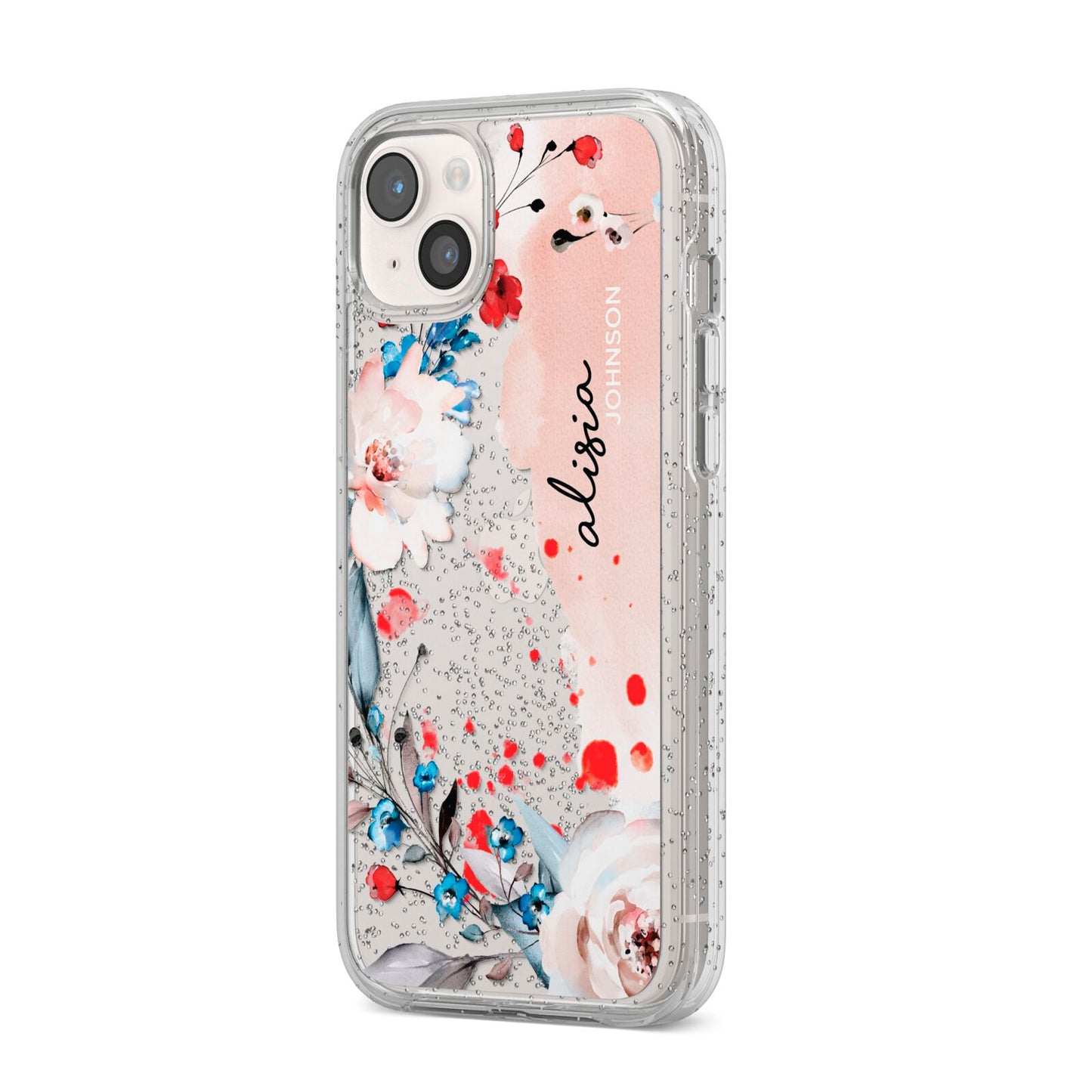 Custom Name Floral Bouquet iPhone 14 Plus Glitter Tough Case Starlight Angled Image