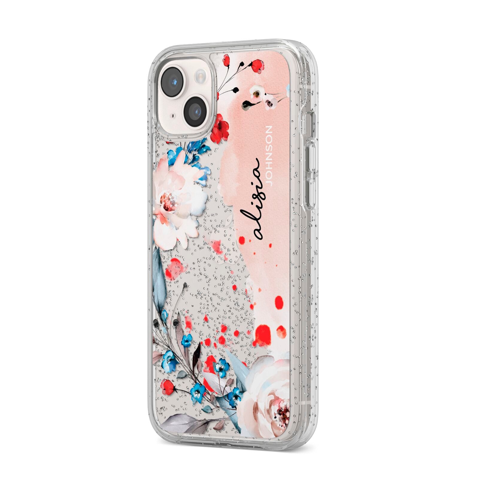 Custom Name Floral Bouquet iPhone 14 Plus Glitter Tough Case Starlight Angled Image