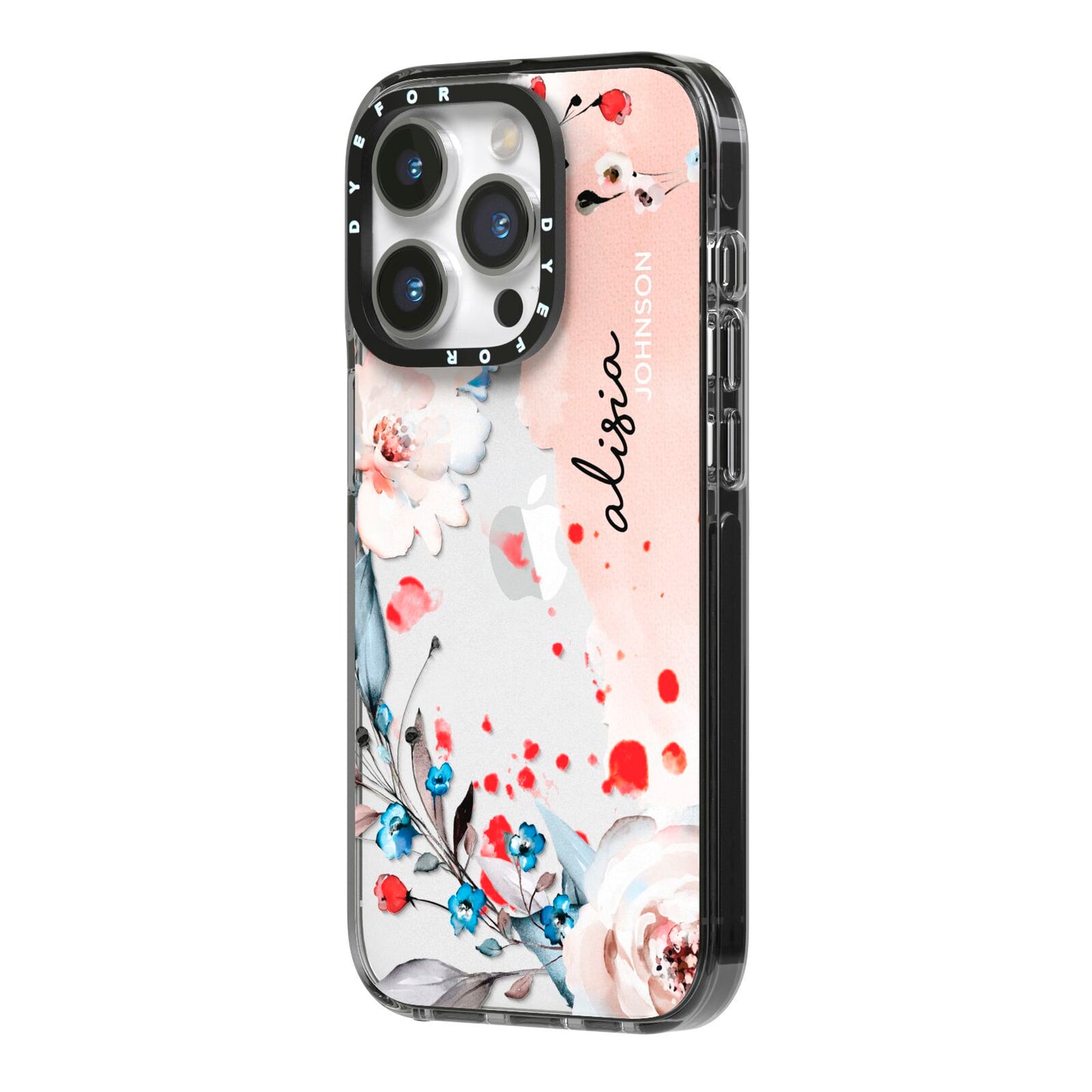 Custom Name Floral Bouquet iPhone 14 Pro Black Impact Case Side Angle on Silver phone