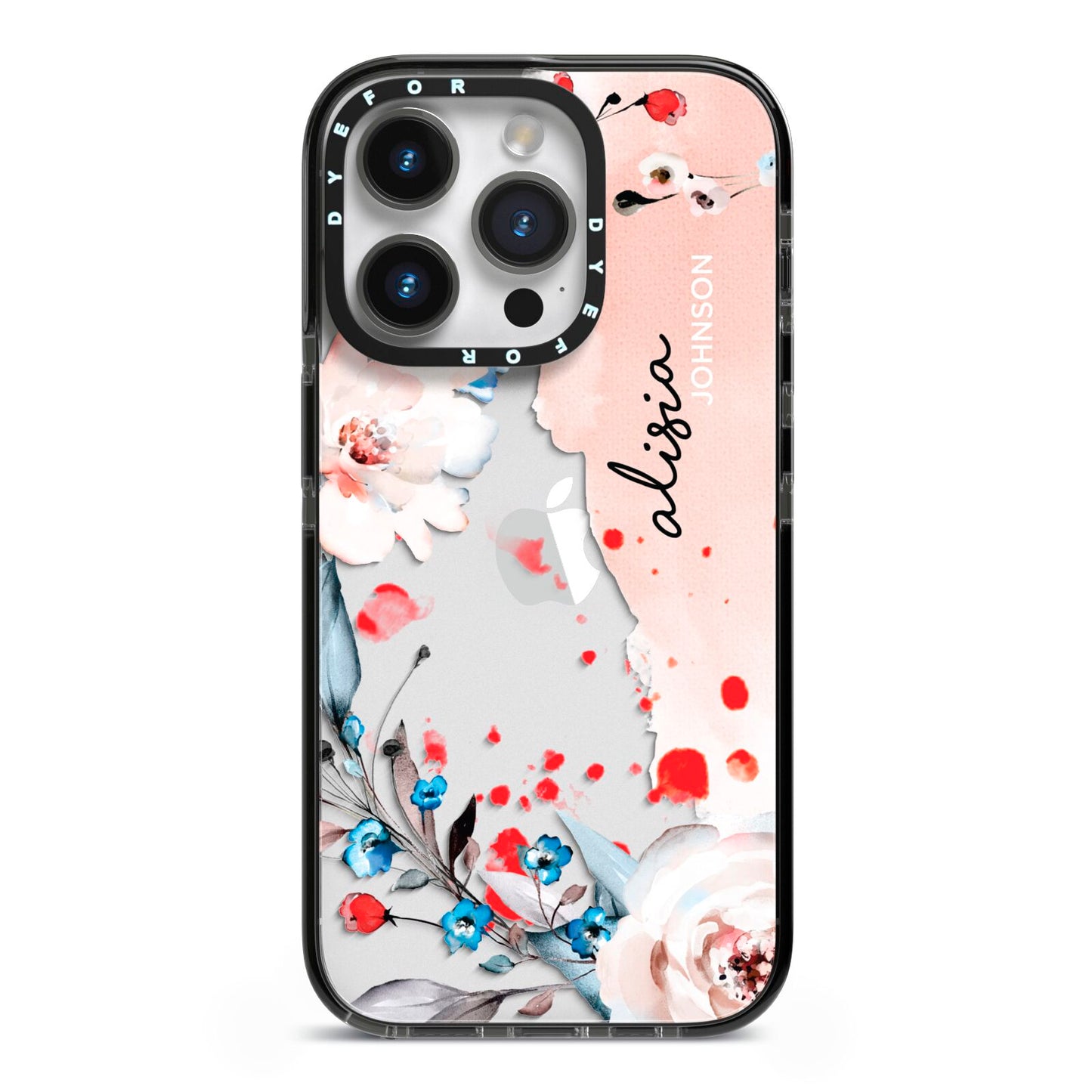 Custom Name Floral Bouquet iPhone 14 Pro Black Impact Case on Silver phone