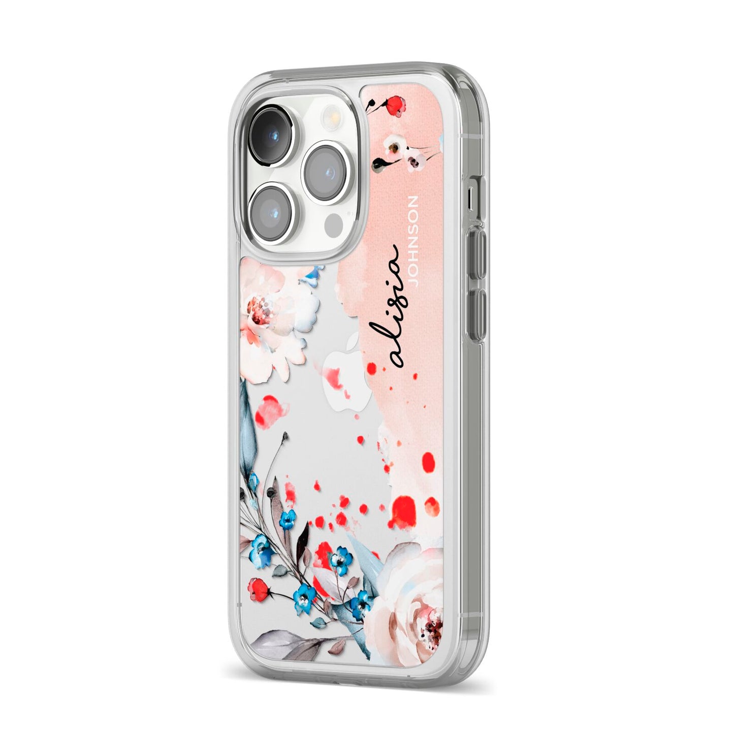 Custom Name Floral Bouquet iPhone 14 Pro Clear Tough Case Silver Angled Image