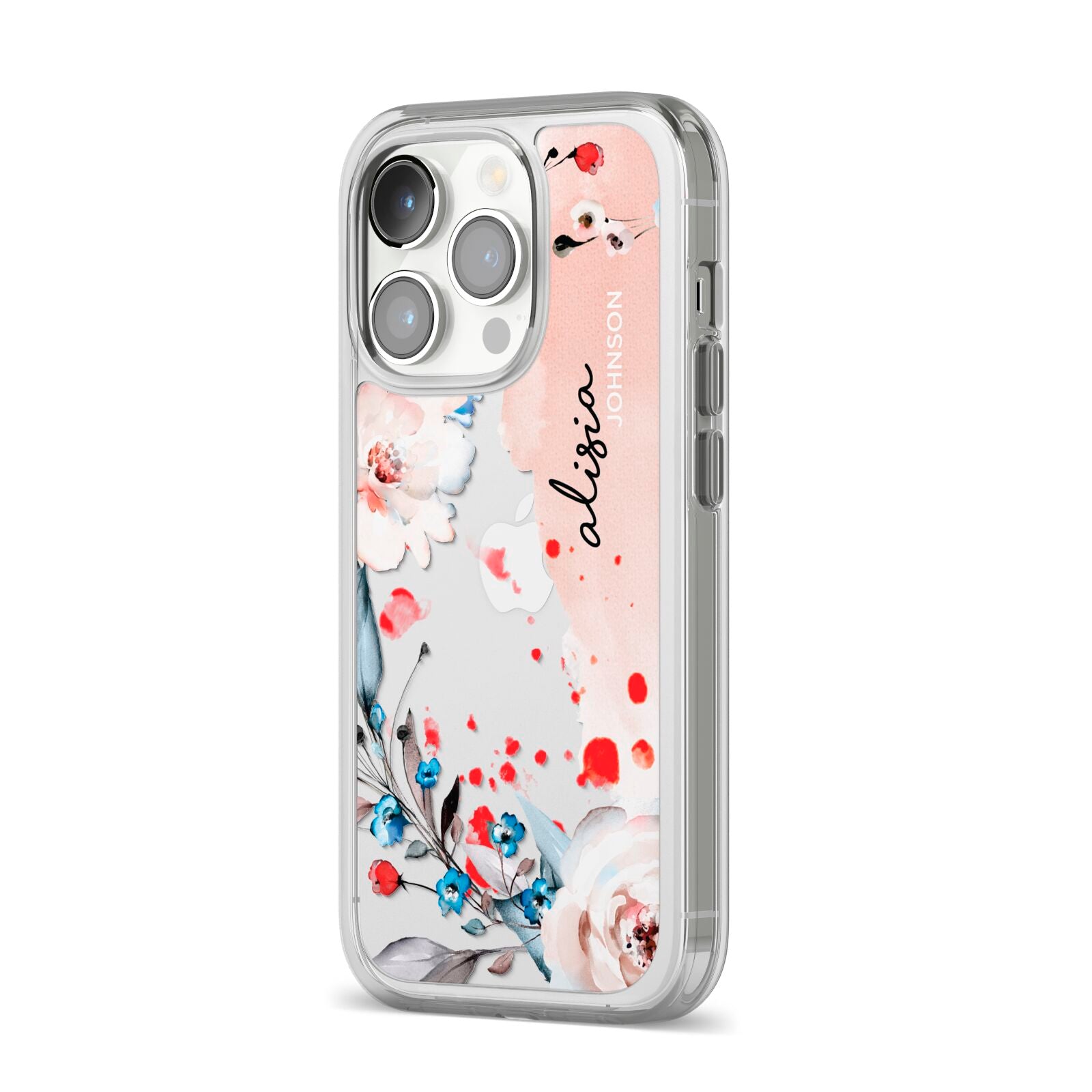 Custom Name Floral Bouquet iPhone 14 Pro Clear Tough Case Silver Angled Image
