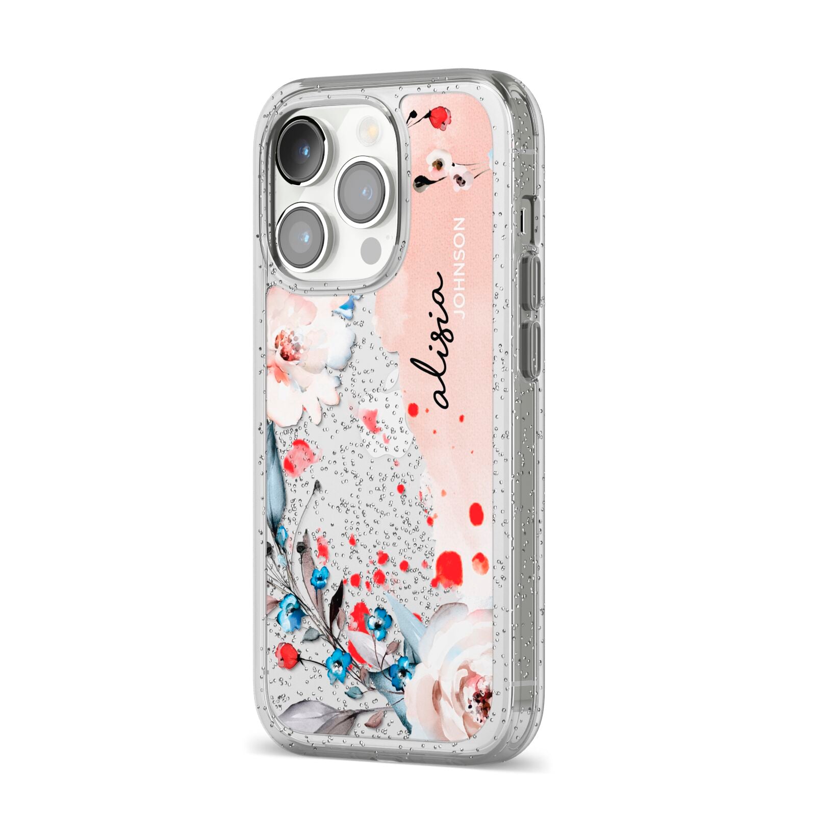 Custom Name Floral Bouquet iPhone 14 Pro Glitter Tough Case Silver Angled Image