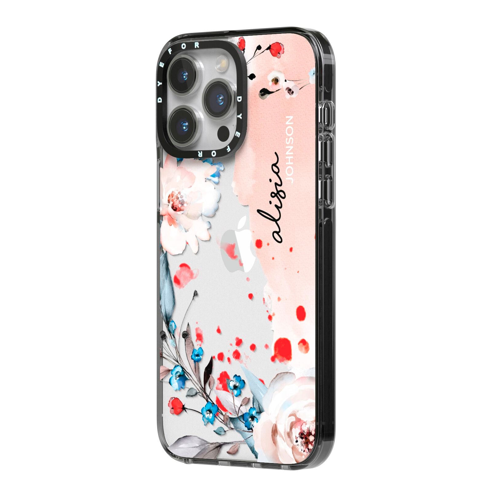 Custom Name Floral Bouquet iPhone 14 Pro Max Black Impact Case Side Angle on Silver phone