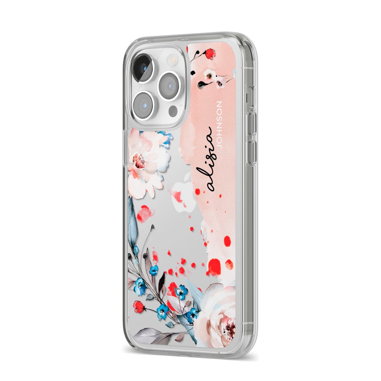 Custom Name Floral Bouquet iPhone 14 Pro Max Clear Tough Case Silver Angled Image