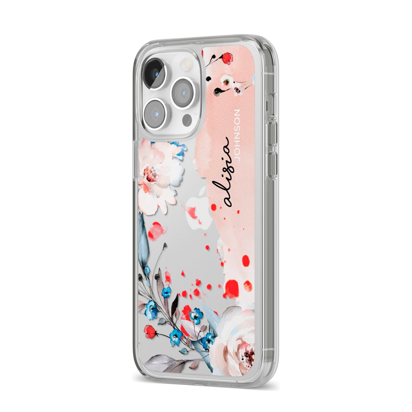 Custom Name Floral Bouquet iPhone 14 Pro Max Clear Tough Case Silver Angled Image