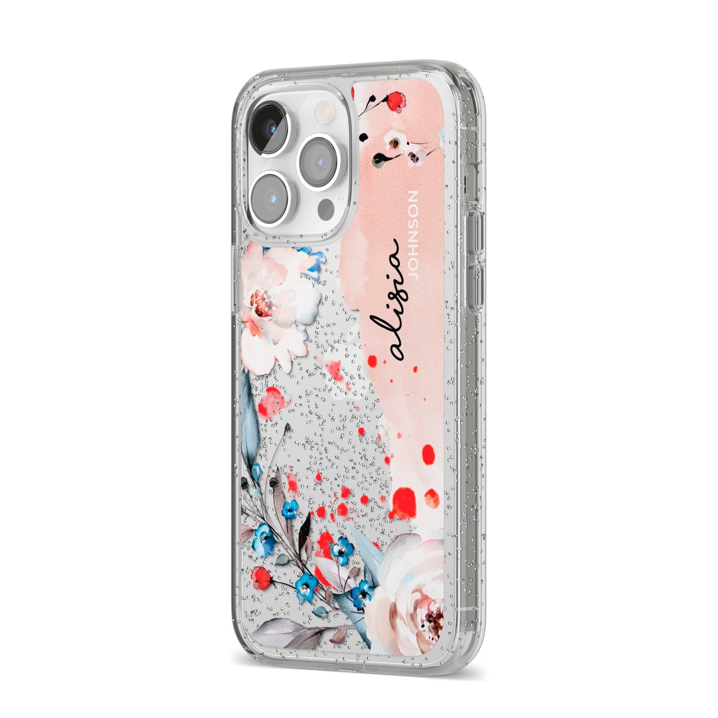 Custom Name Floral Bouquet iPhone 14 Pro Max Glitter Tough Case Silver Angled Image