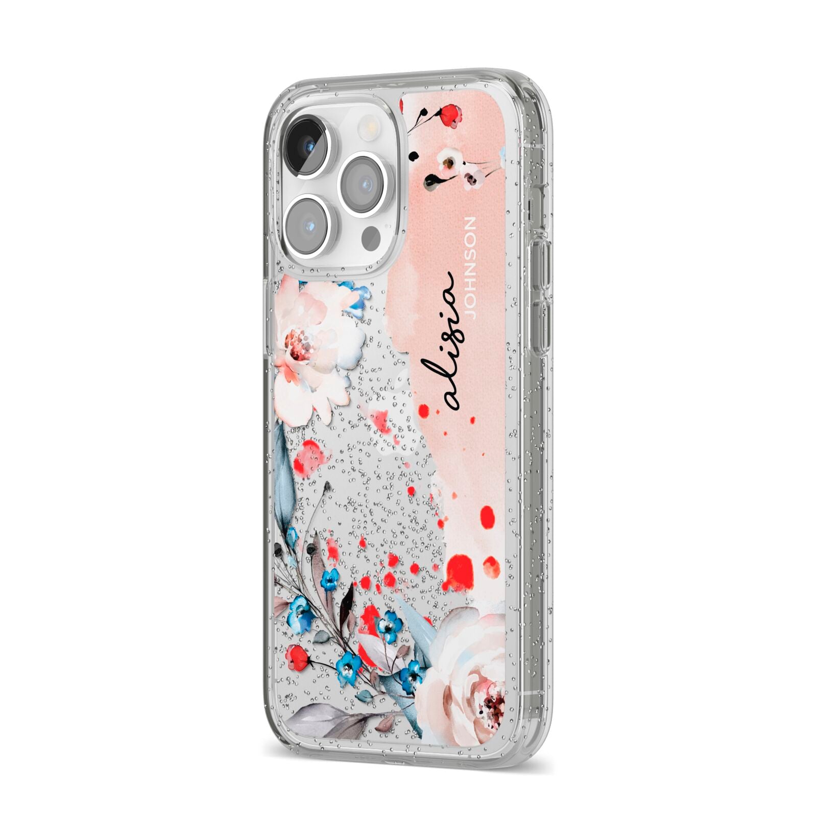 Custom Name Floral Bouquet iPhone 14 Pro Max Glitter Tough Case Silver Angled Image