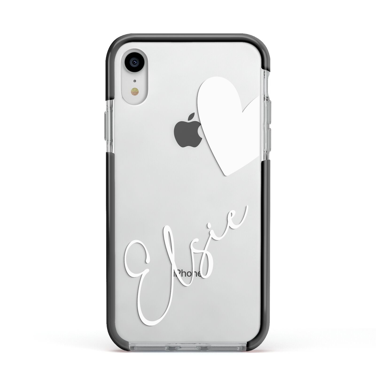 Custom Name Heart Apple iPhone XR Impact Case Black Edge on Silver Phone