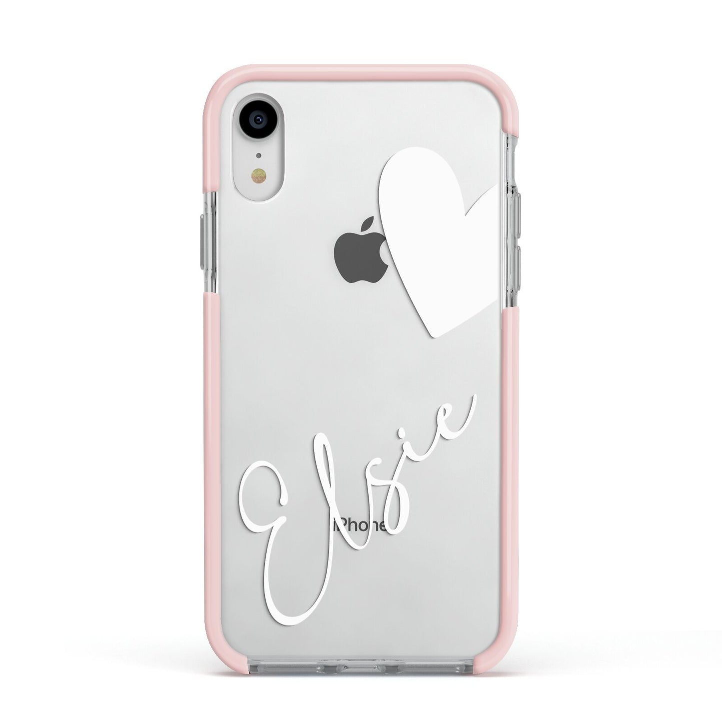 Custom Name Heart Apple iPhone XR Impact Case Pink Edge on Silver Phone