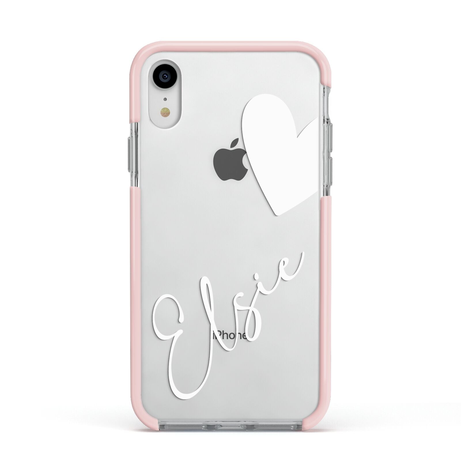 Custom Name Heart Apple iPhone XR Impact Case Pink Edge on Silver Phone