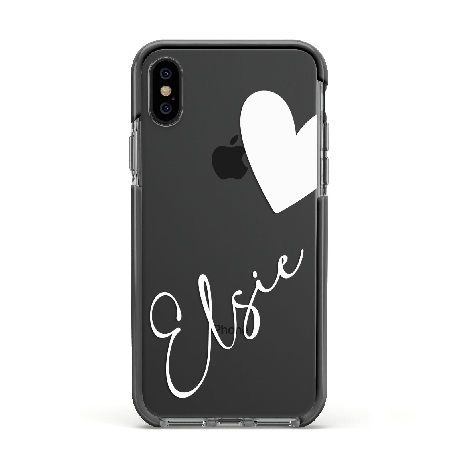Custom Name Heart Apple iPhone Xs Impact Case Black Edge on Black Phone