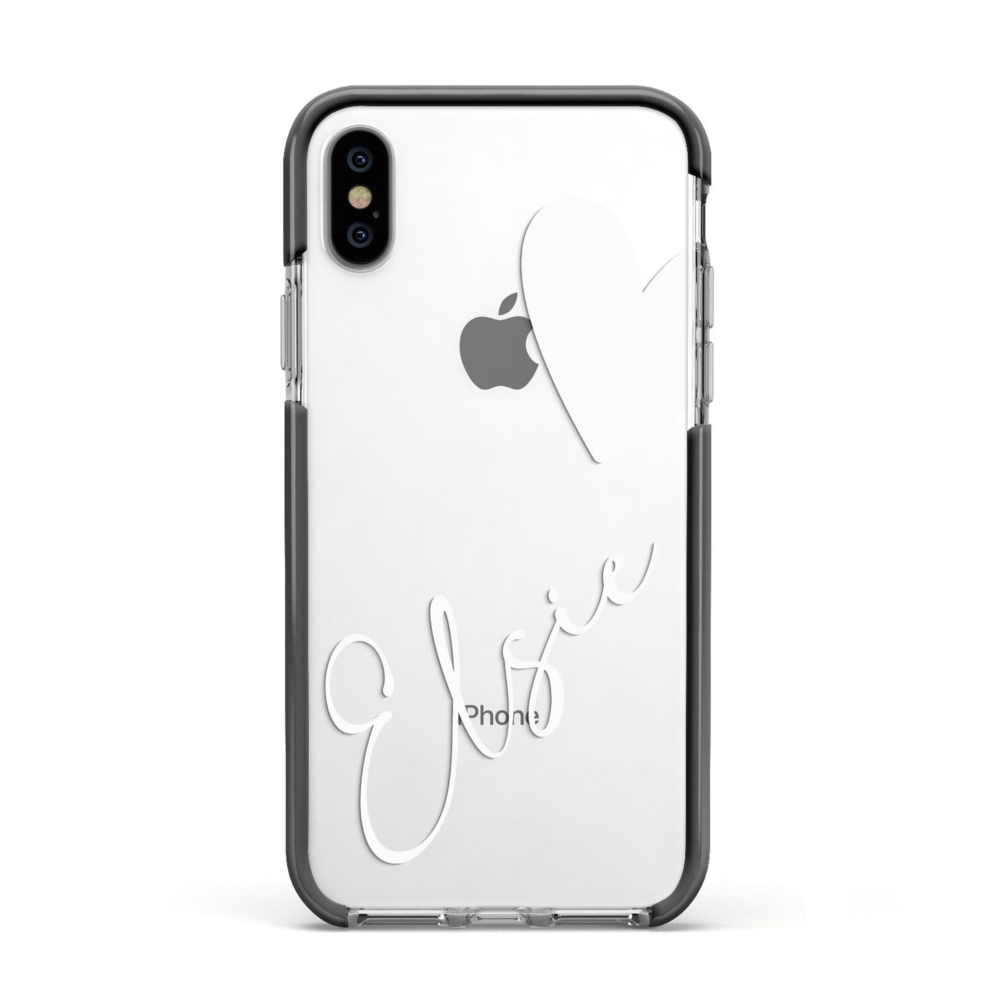 Custom Name Heart Apple iPhone Xs Impact Case Black Edge on Silver Phone