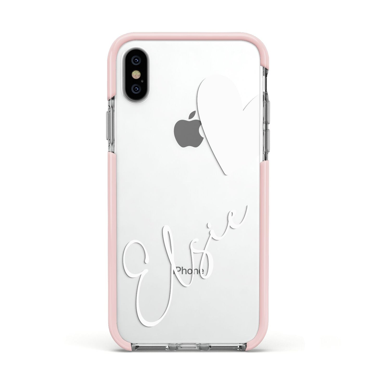 Custom Name Heart Apple iPhone Xs Impact Case Pink Edge on Silver Phone