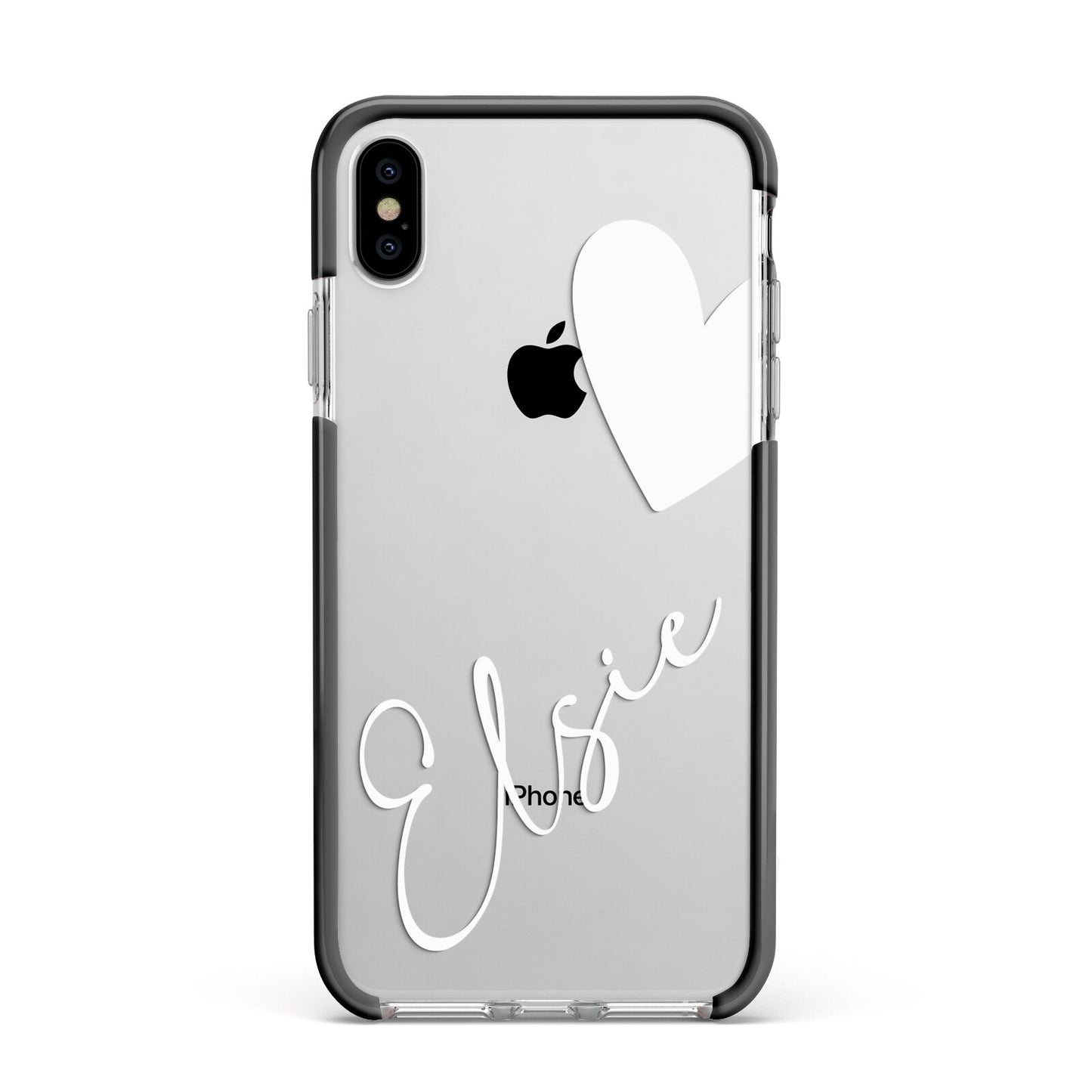 Custom Name Heart Apple iPhone Xs Max Impact Case Black Edge on Silver Phone
