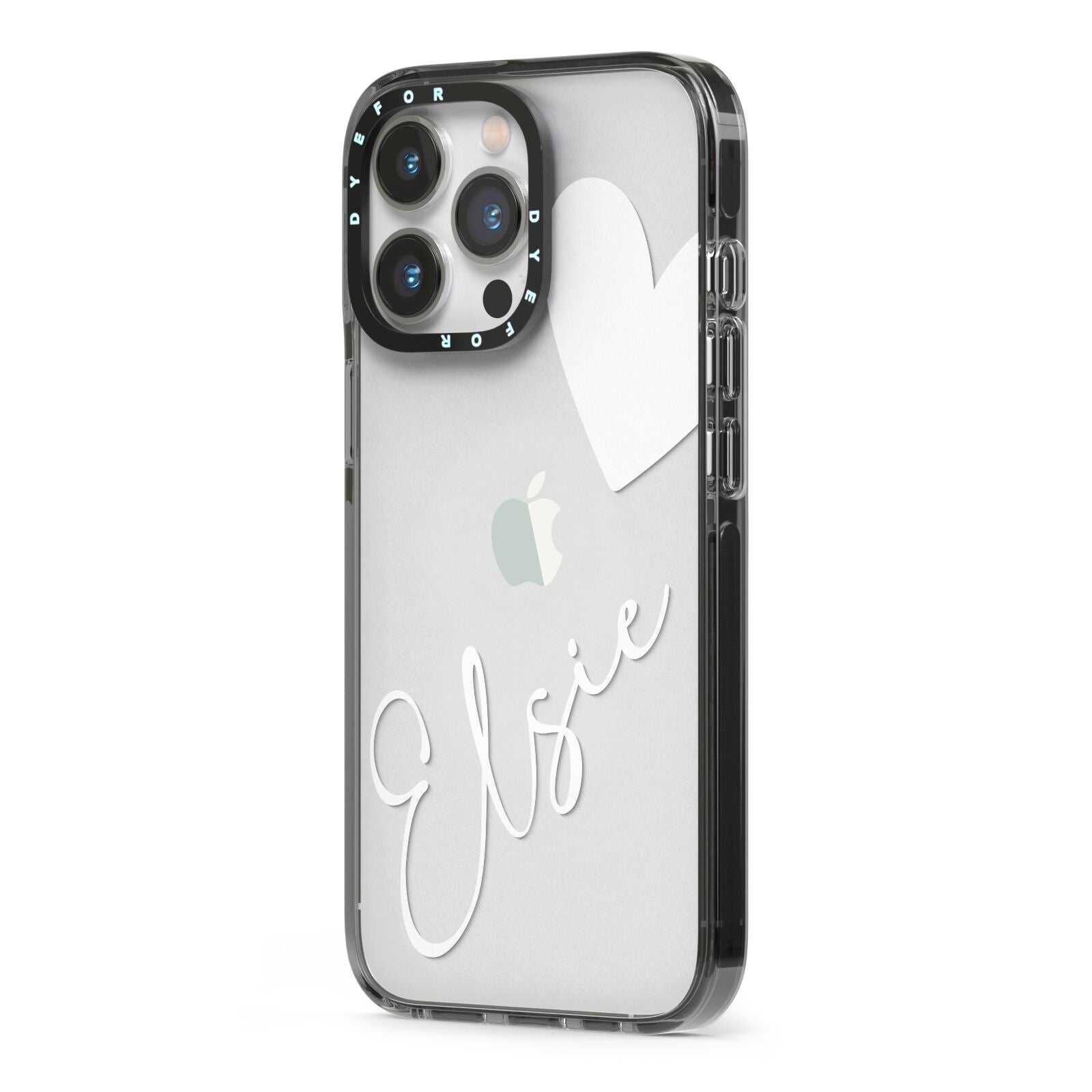 Custom Name Heart iPhone 13 Pro Black Impact Case Side Angle on Silver phone
