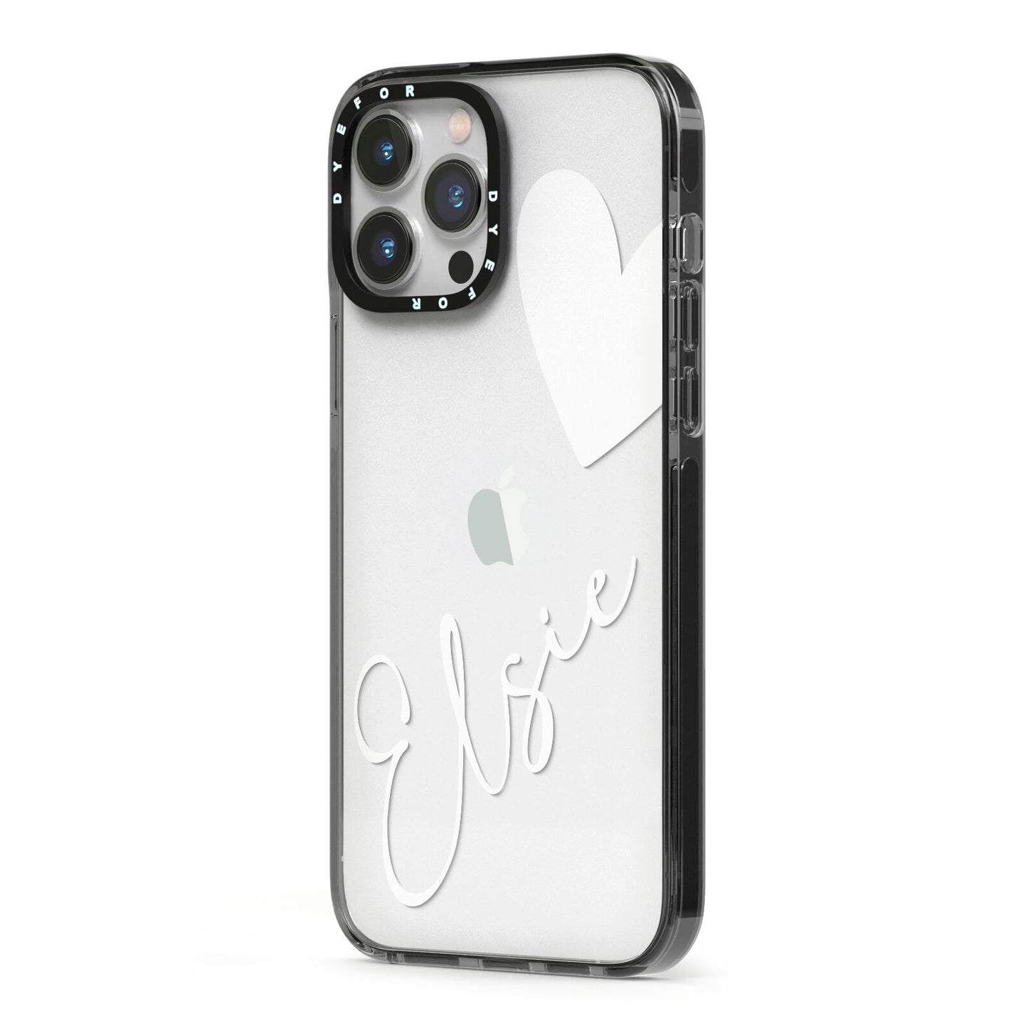 Custom Name Heart iPhone 13 Pro Max Black Impact Case Side Angle on Silver phone