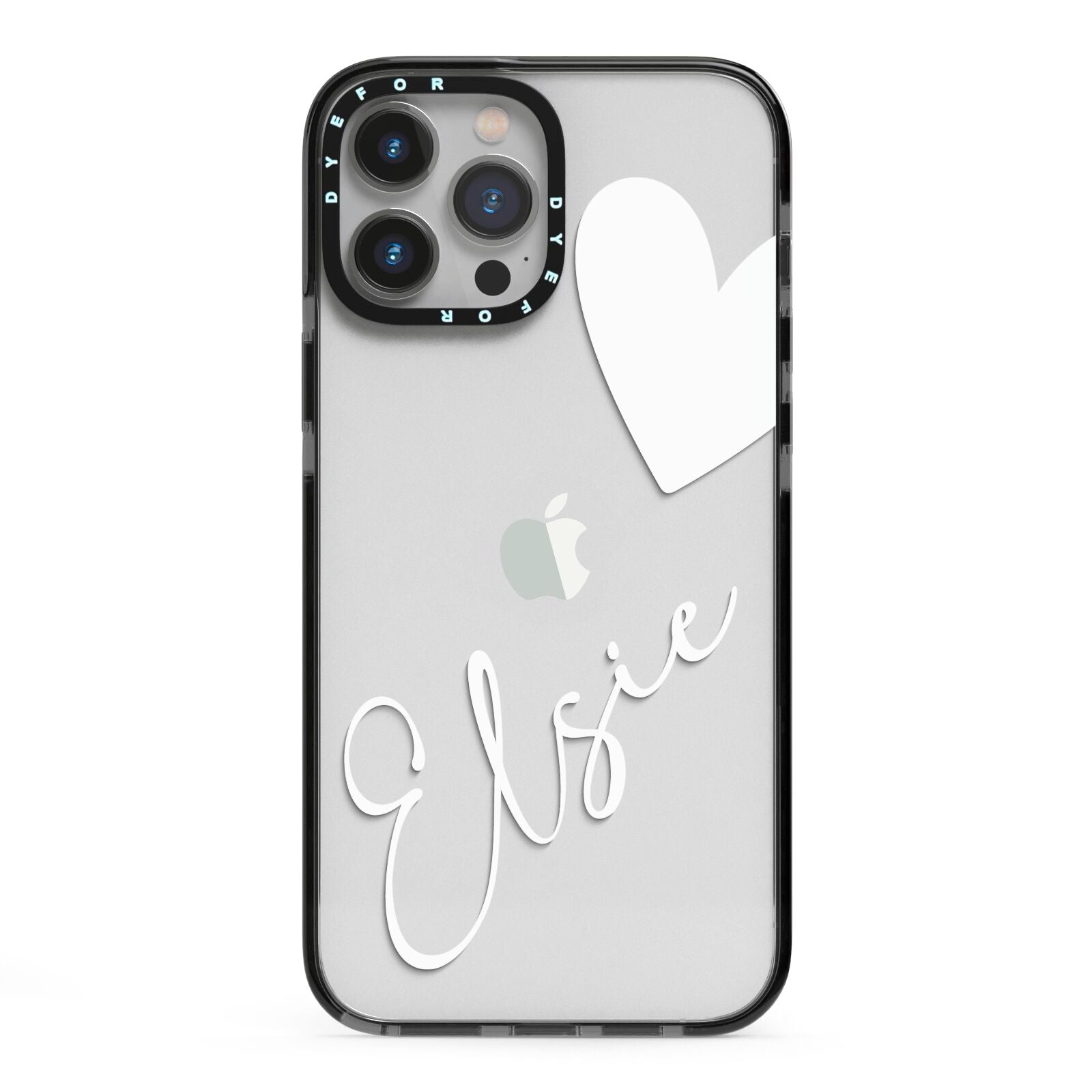 Custom Name Heart iPhone 13 Pro Max Black Impact Case on Silver phone