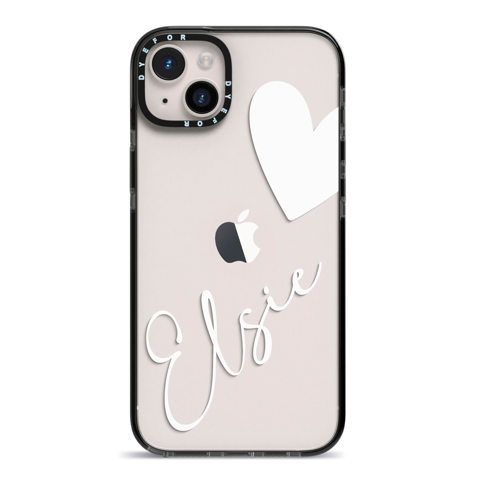 Custom Name Heart iPhone 14 Plus Black Impact Case on Silver phone