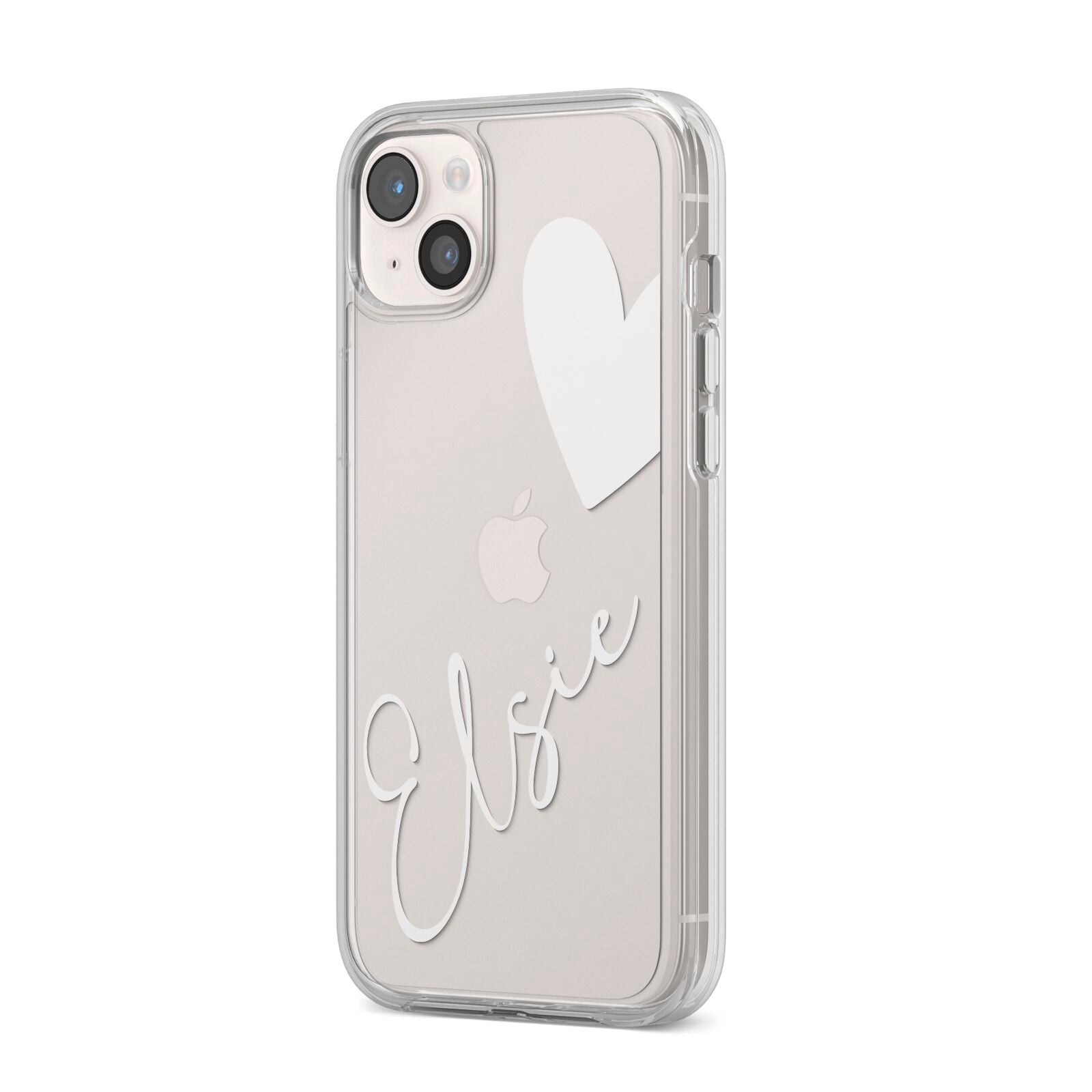 Custom Name Heart iPhone 14 Plus Clear Tough Case Starlight Angled Image