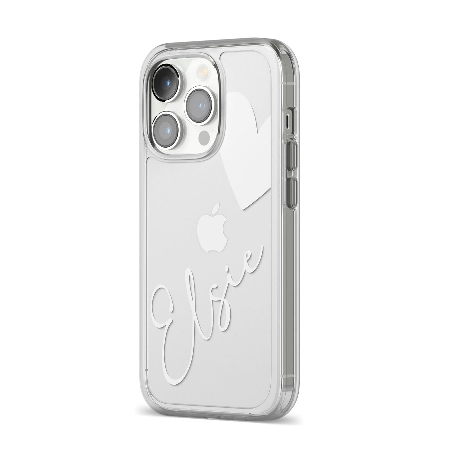 Custom Name Heart iPhone 14 Pro Clear Tough Case Silver Angled Image