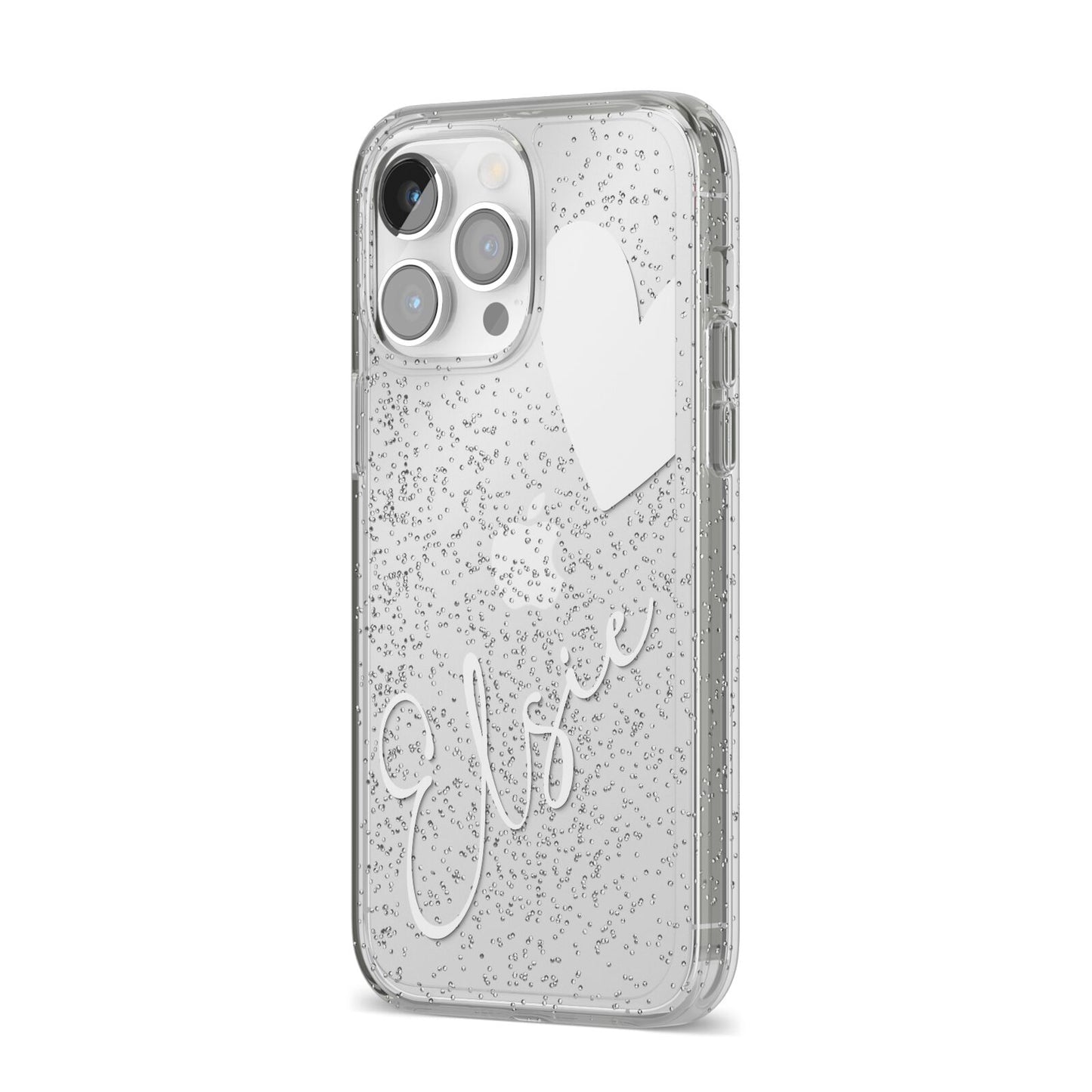 Custom Name Heart iPhone 14 Pro Max Glitter Tough Case Silver Angled Image