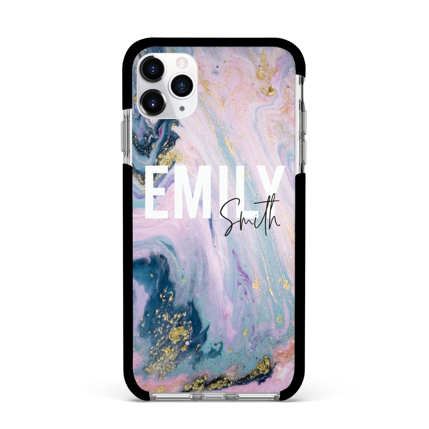 Custom Name Purple Gold Glitter Marble Apple iPhone 11 Pro Max in Silver with Black Impact Case