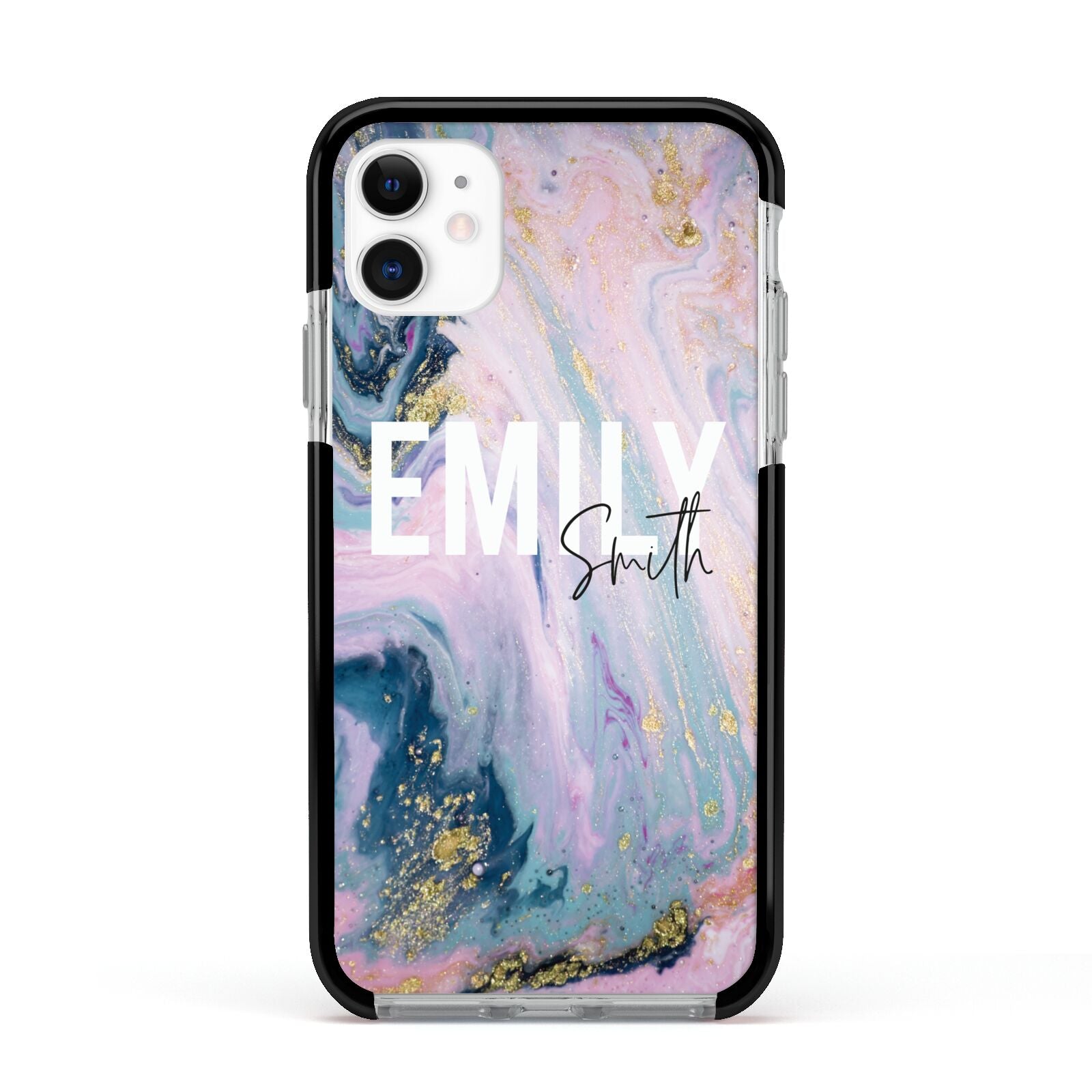 Custom Name Purple Gold Glitter Marble Apple iPhone 11 in White with Black Impact Case