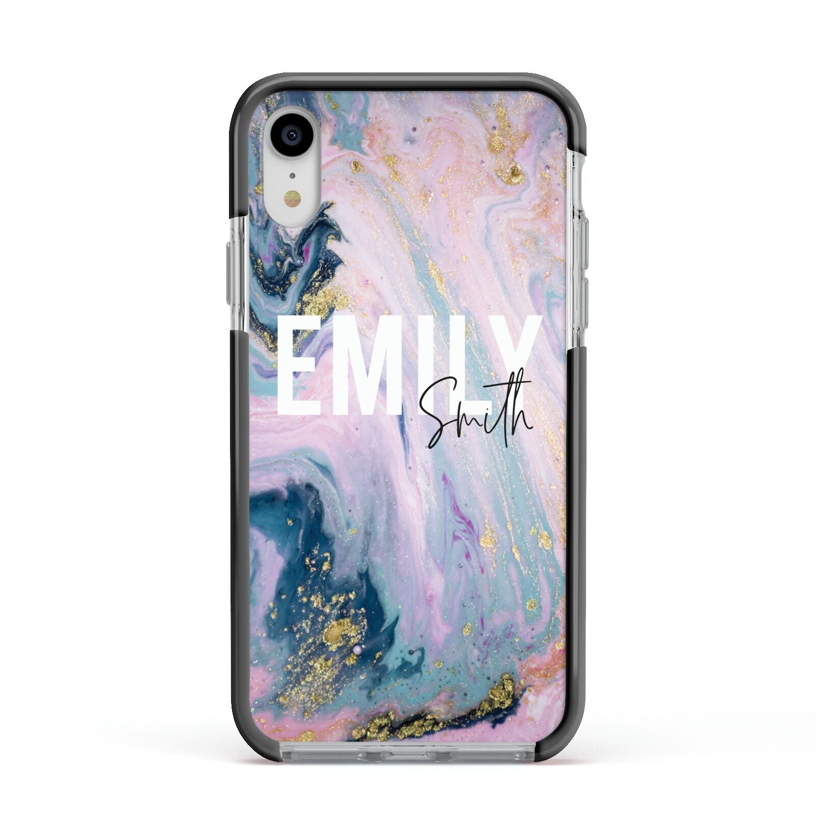 Custom Name Purple Gold Glitter Marble Apple iPhone XR Impact Case Black Edge on Silver Phone