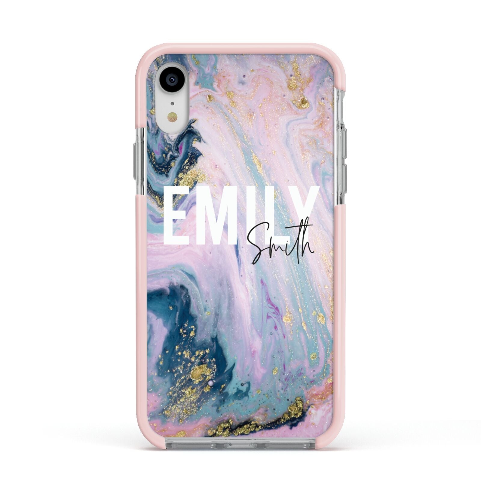 Custom Name Purple Gold Glitter Marble Apple iPhone XR Impact Case Pink Edge on Silver Phone