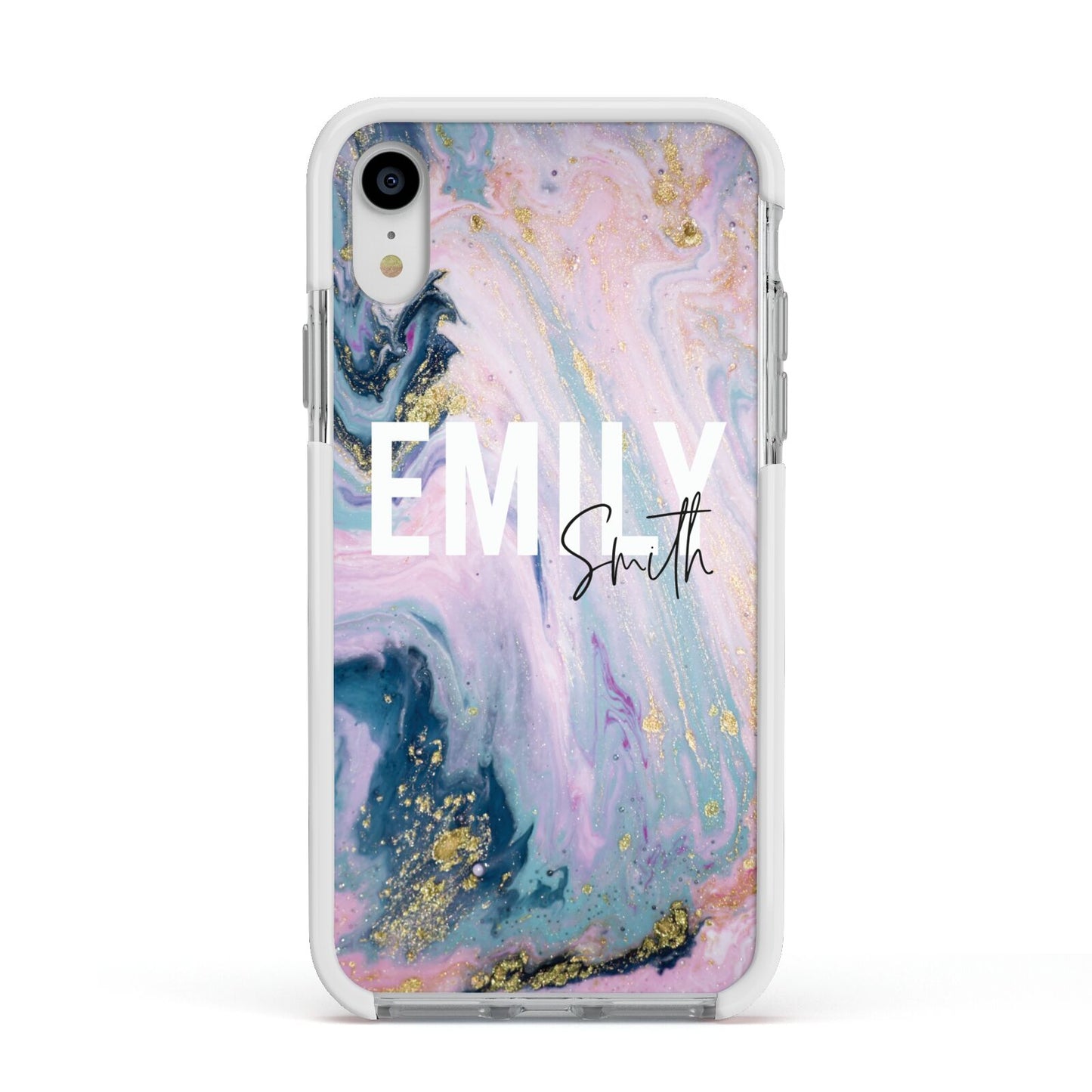 Custom Name Purple Gold Glitter Marble Apple iPhone XR Impact Case White Edge on Silver Phone