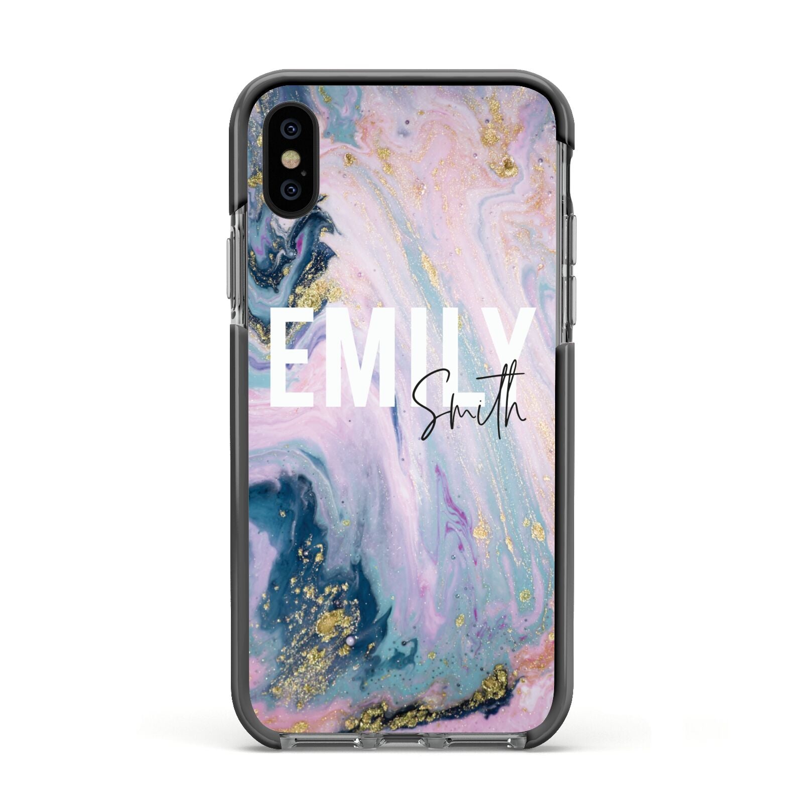 Custom Name Purple Gold Glitter Marble Apple iPhone Xs Impact Case Black Edge on Black Phone