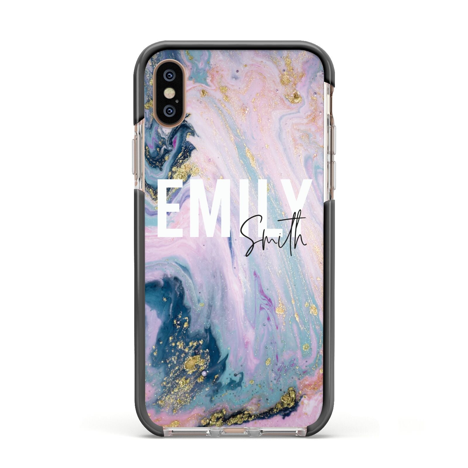 Custom Name Purple Gold Glitter Marble Apple iPhone Xs Impact Case Black Edge on Gold Phone
